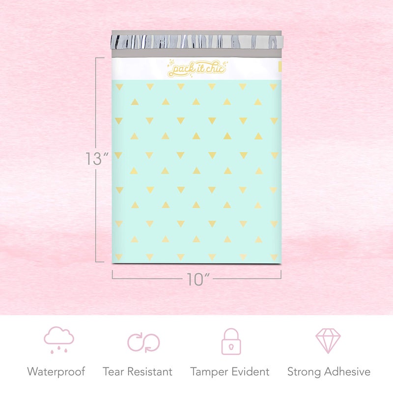 Pack It Chic - 10X13 (100 Pack) Mint Gold Triangles Poly Mailer Envelope Plastic Custom Mailing & Shipping Bags - Self Seal - Image 2